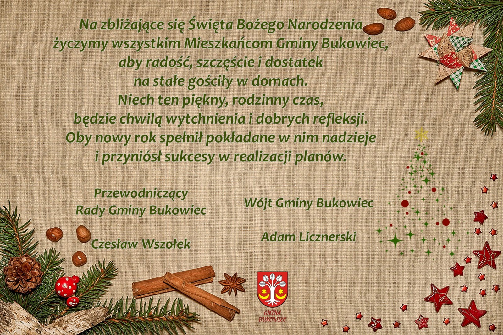Życzenia świąteczne i noworoczne dla mieszkańców Gminy Bukowiec