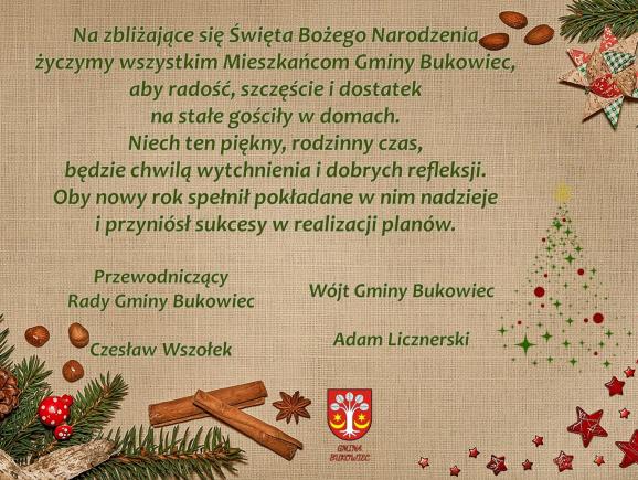 Życzenia świąteczne i noworoczne dla mieszkańców Gminy Bukowiec