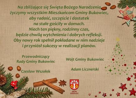 Życzenia świąteczne i noworoczne dla mieszkańców Gminy Bukowiec