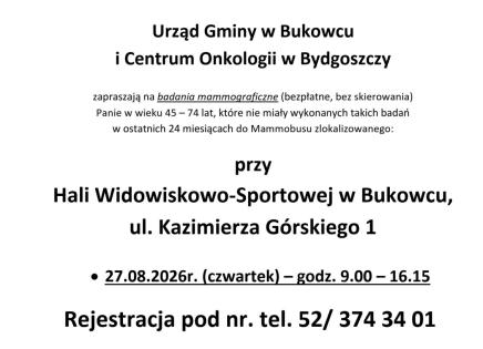 Bezpłatne badania mammograficzne w Bukowcu