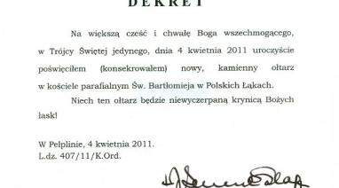 Konsekracja ołtarza w kościele p.w. św. Bartłomieja w Polskich Łąkach 2011